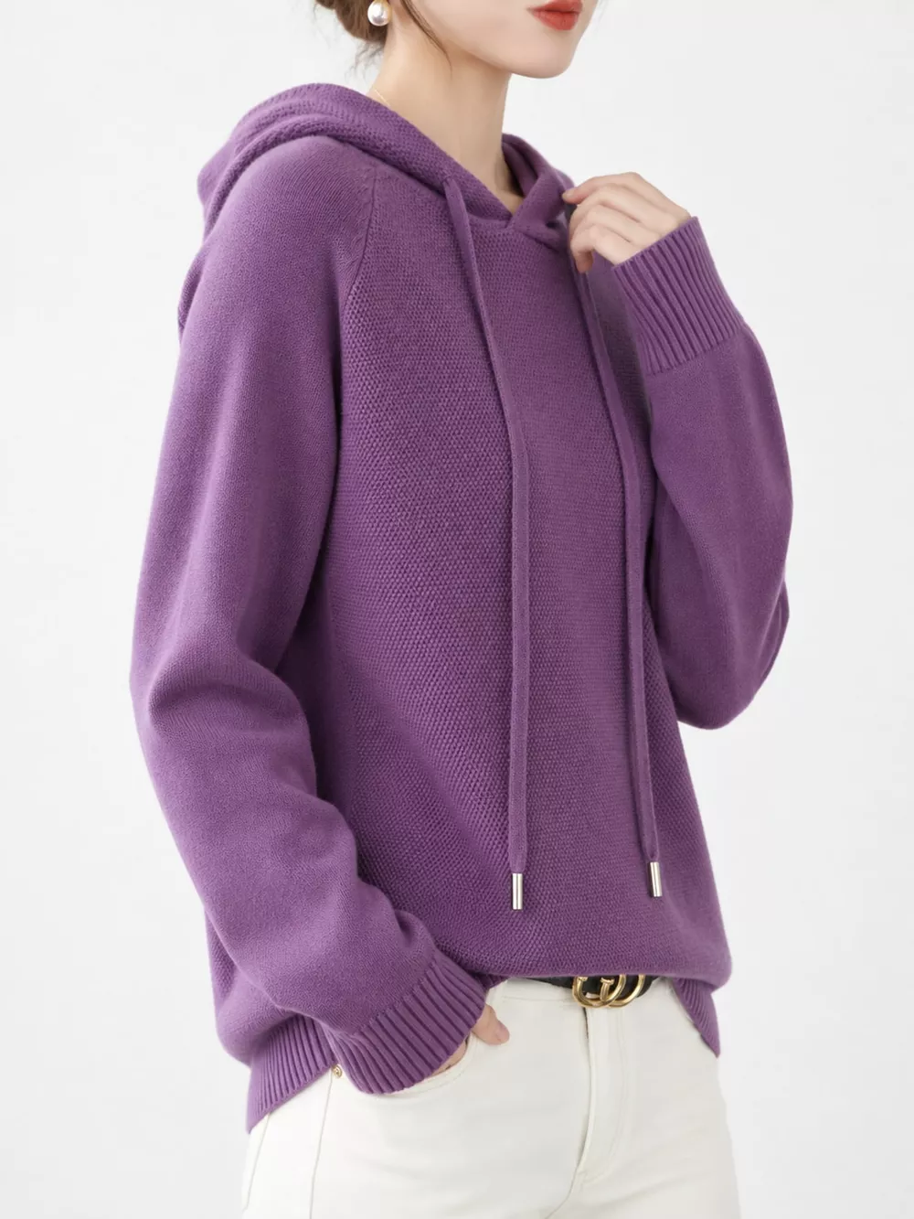 Drawstring Long Sleeve Hooded Knit Sweater, image 31