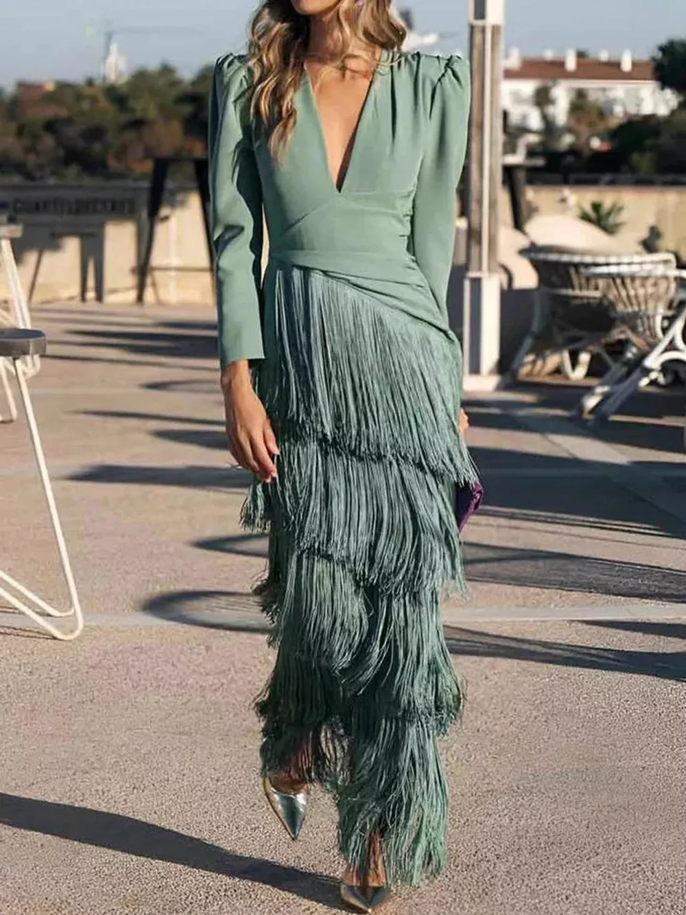 Fringed V-Neck Puff Sleeve Maxi Dress, image 4