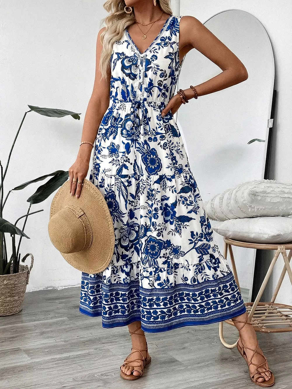 Floral Print Sleeveless V-neck Midi Dress, image 9