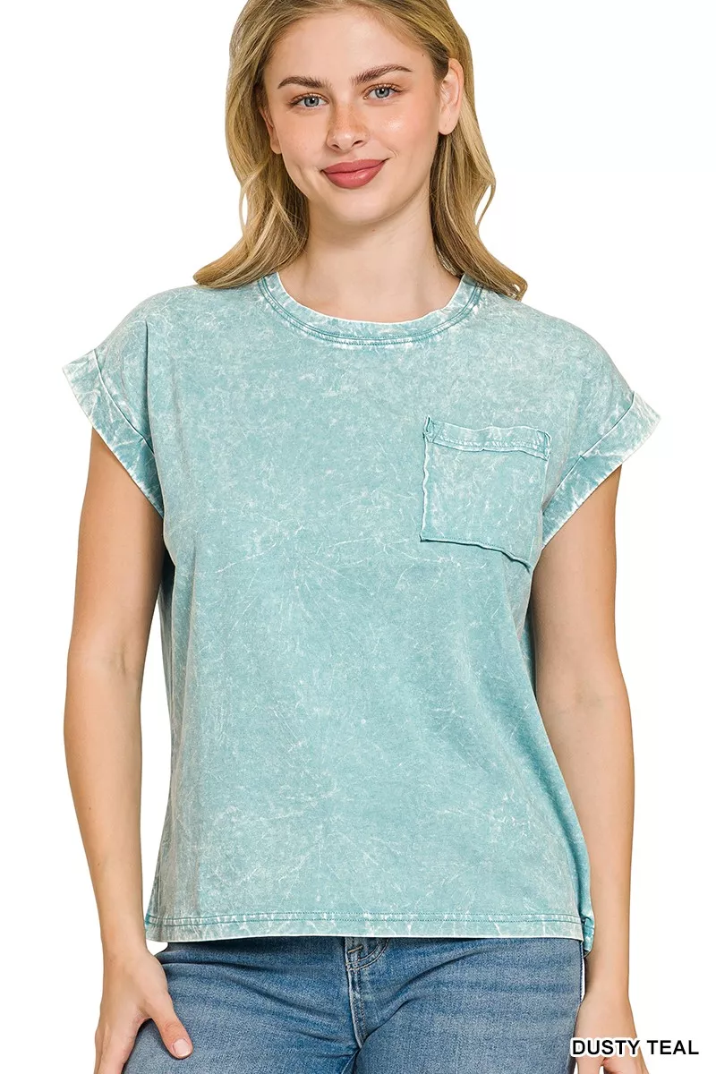 Full Size Crinkle Washed Round Neck Folded Short Sleeve Tee Plus Size