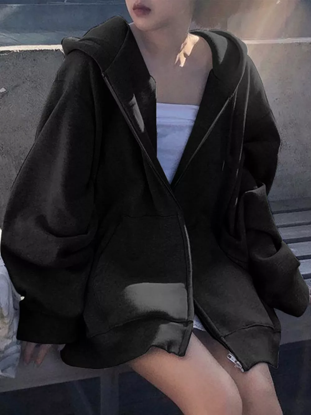 Full Size Zip-Up Dropped Shoulder Hoodie Plus Size, image 8