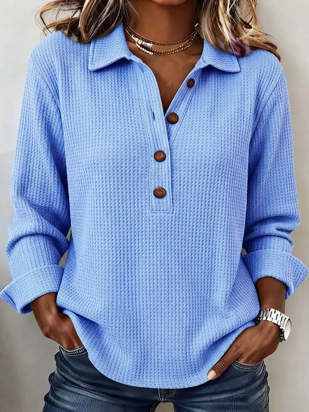 Full Size Waffle Knit Long Sleeve Polo Top Plus Size, image 2