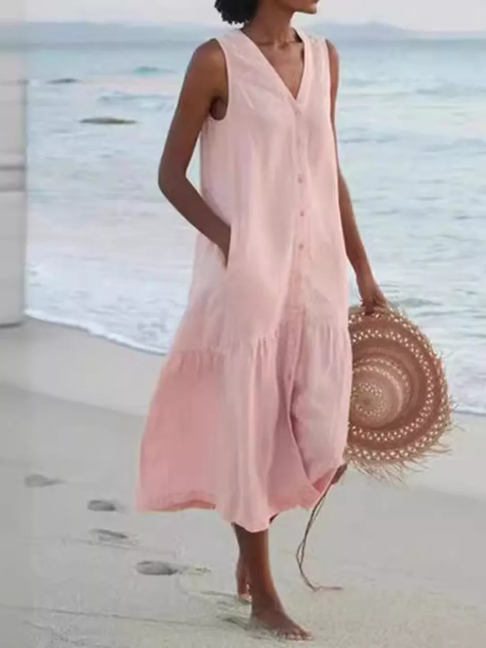 Full Size V-Neck Button Front Sleeveless Midi Dress Plus Size, image 21