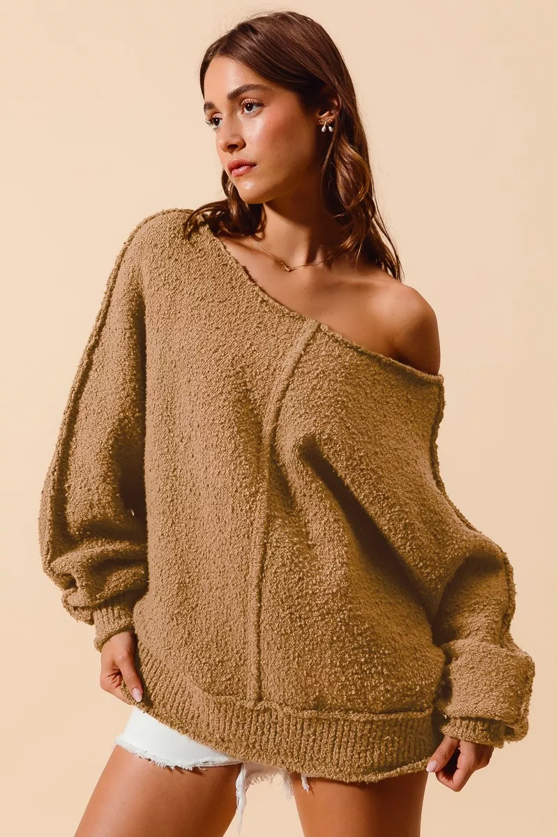 Loose Fit Exposed Seam Slouchy Boucle Sweater, image 8