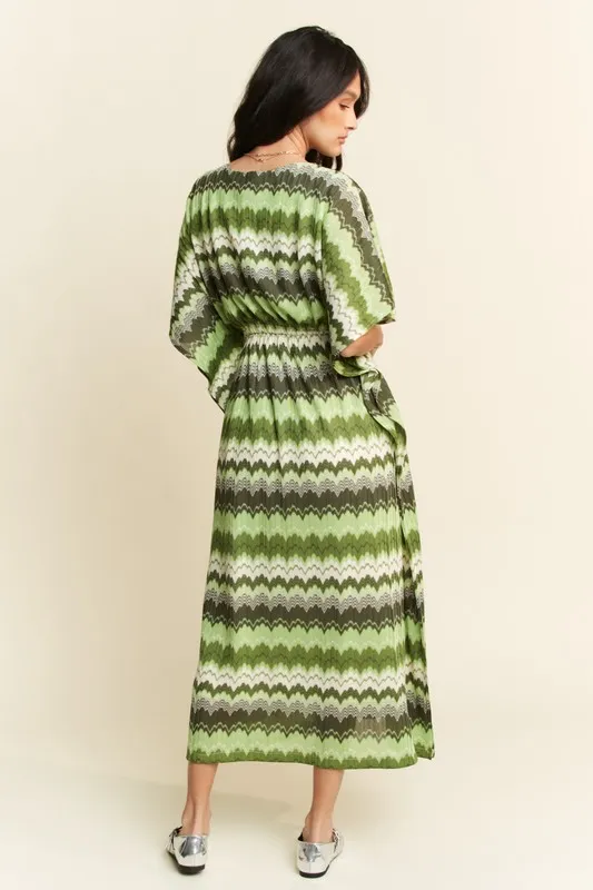 Multi Color Wavy Tie Waist Flowy Sleeve Dress, image 2