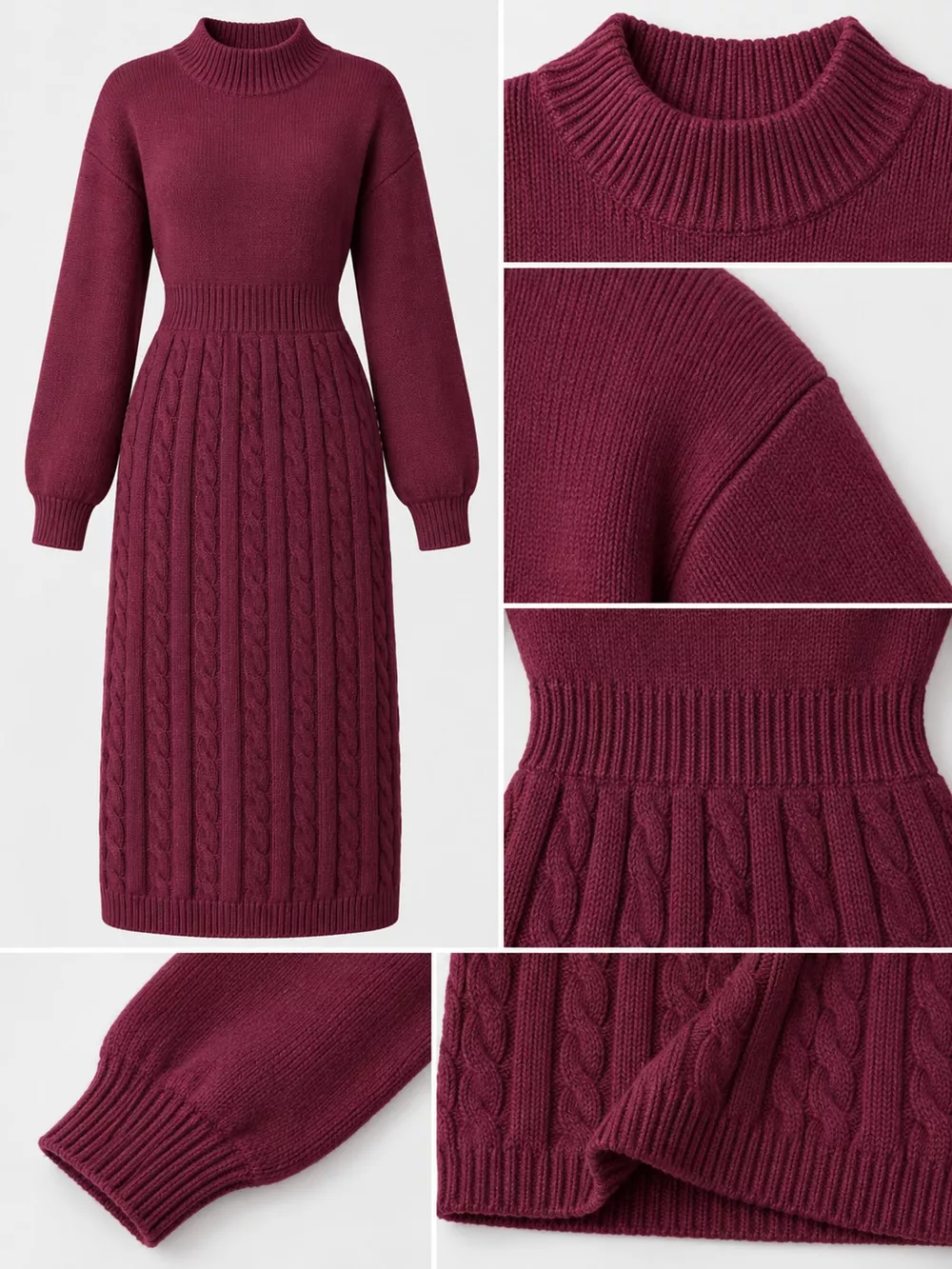 Full Size Mock Neck Cable Knit Sweater Dress with Front Slit Plus Size, image 46
