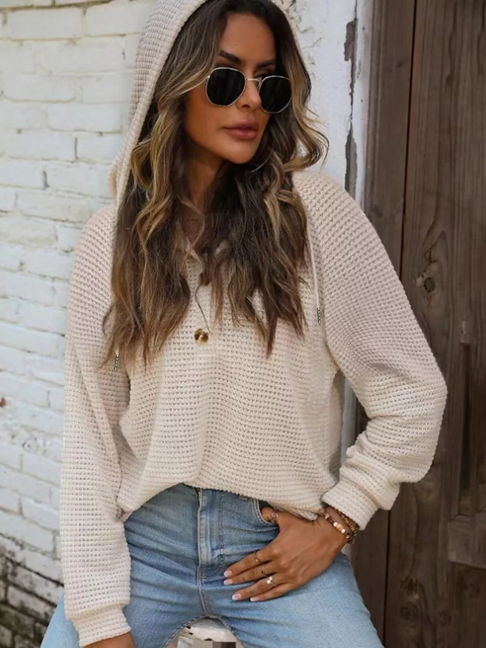 Full Size Waffle Knit Button Detail Hoodie Plus Size
