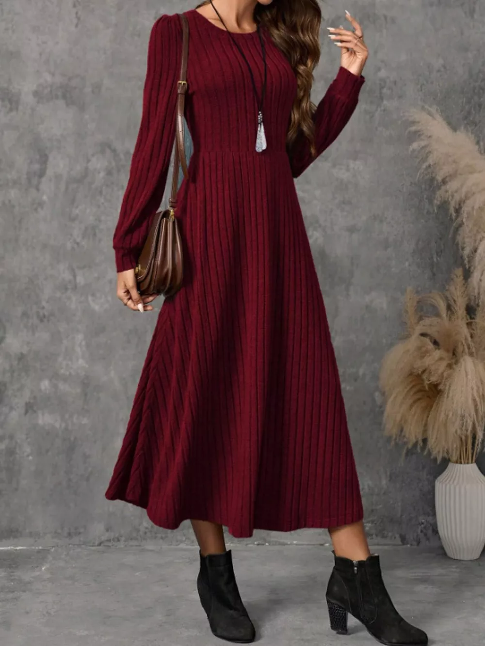 Ribbed Knit Long Sleeve A-Line Midi Dress, image 9