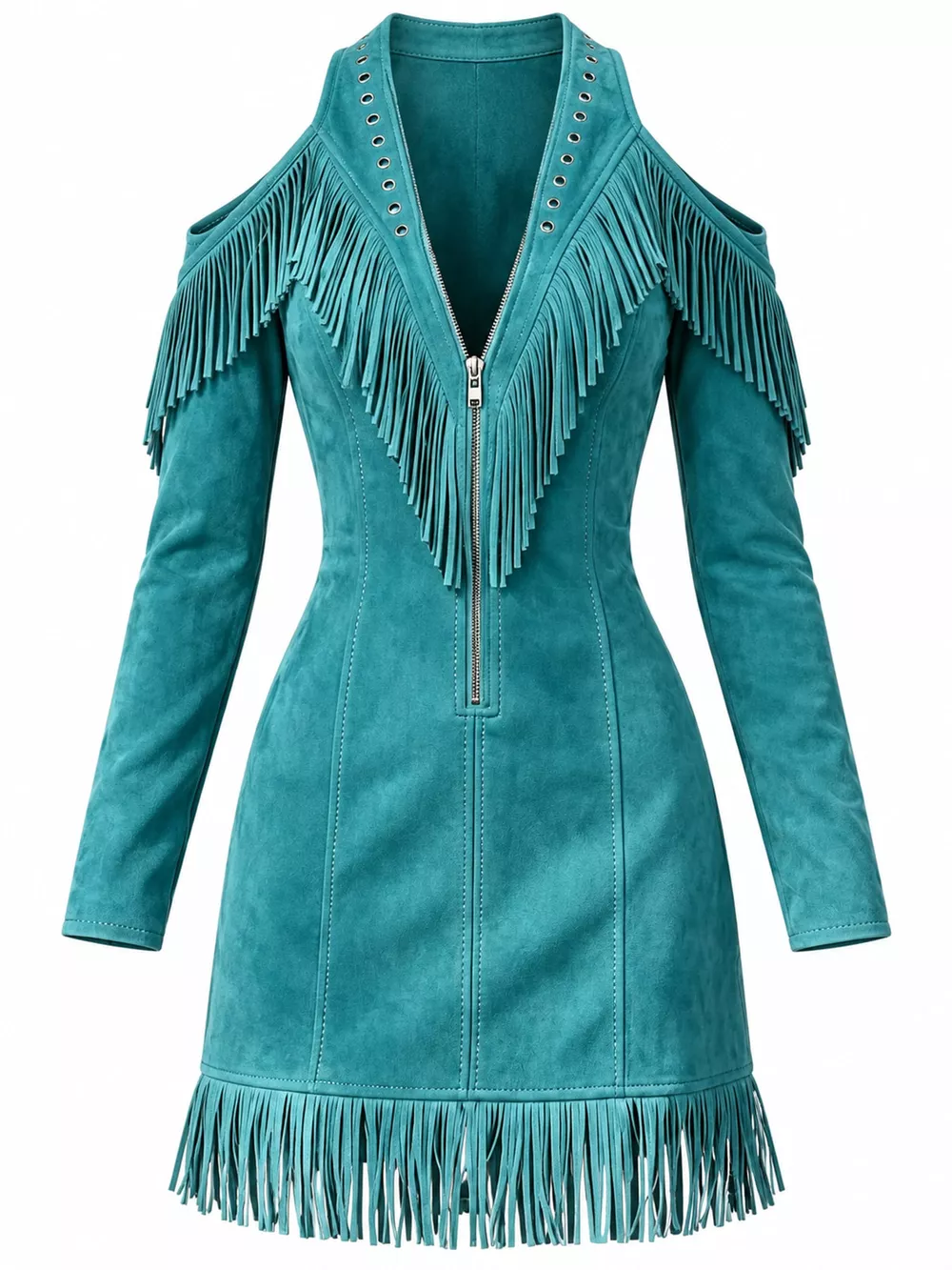 Full Size Fringed Cold-Shoulder Zip-Front Mini Dress Plus Size, image 10