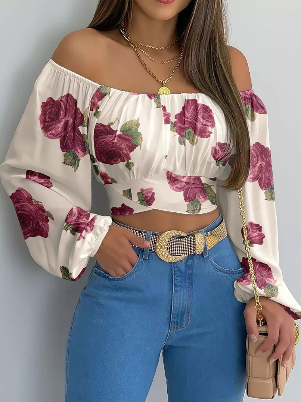 Off-Shoulder Long Sleeve Cropped Blouse, image 27