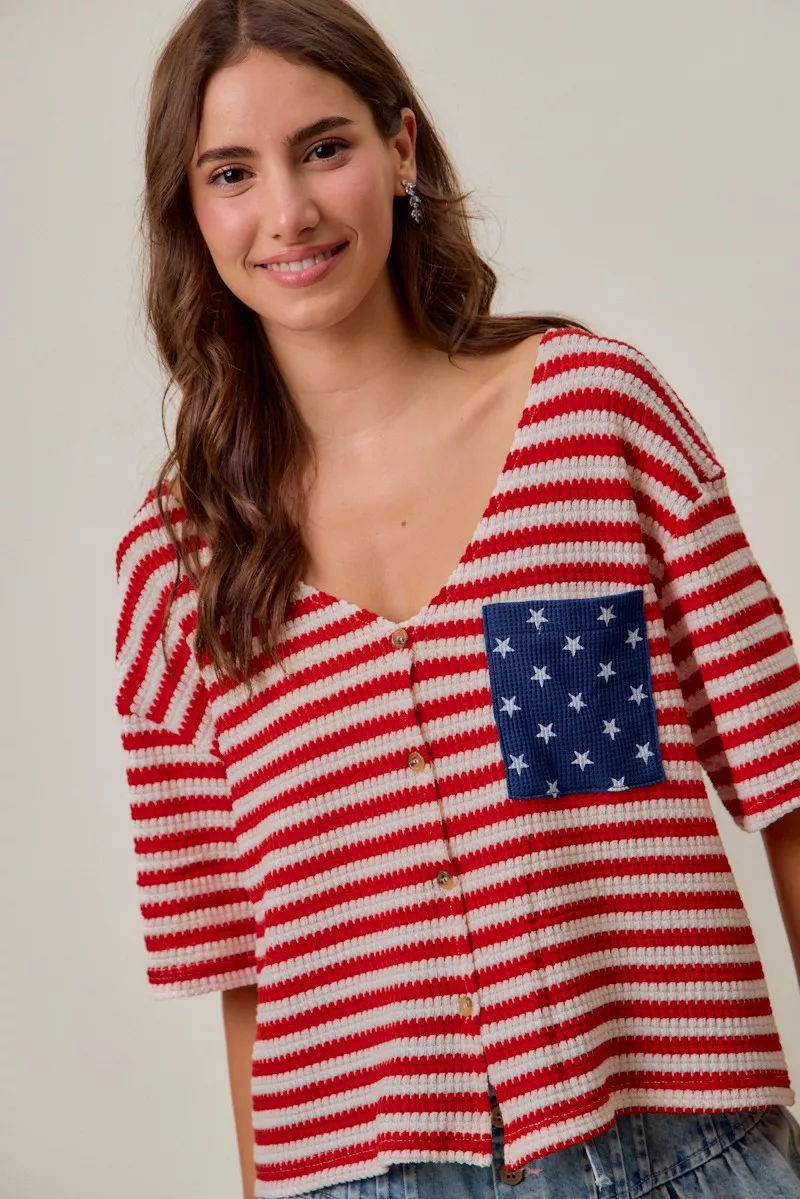 Stripe Waffle Knit Fourth Of July Cardigan Top, image 6