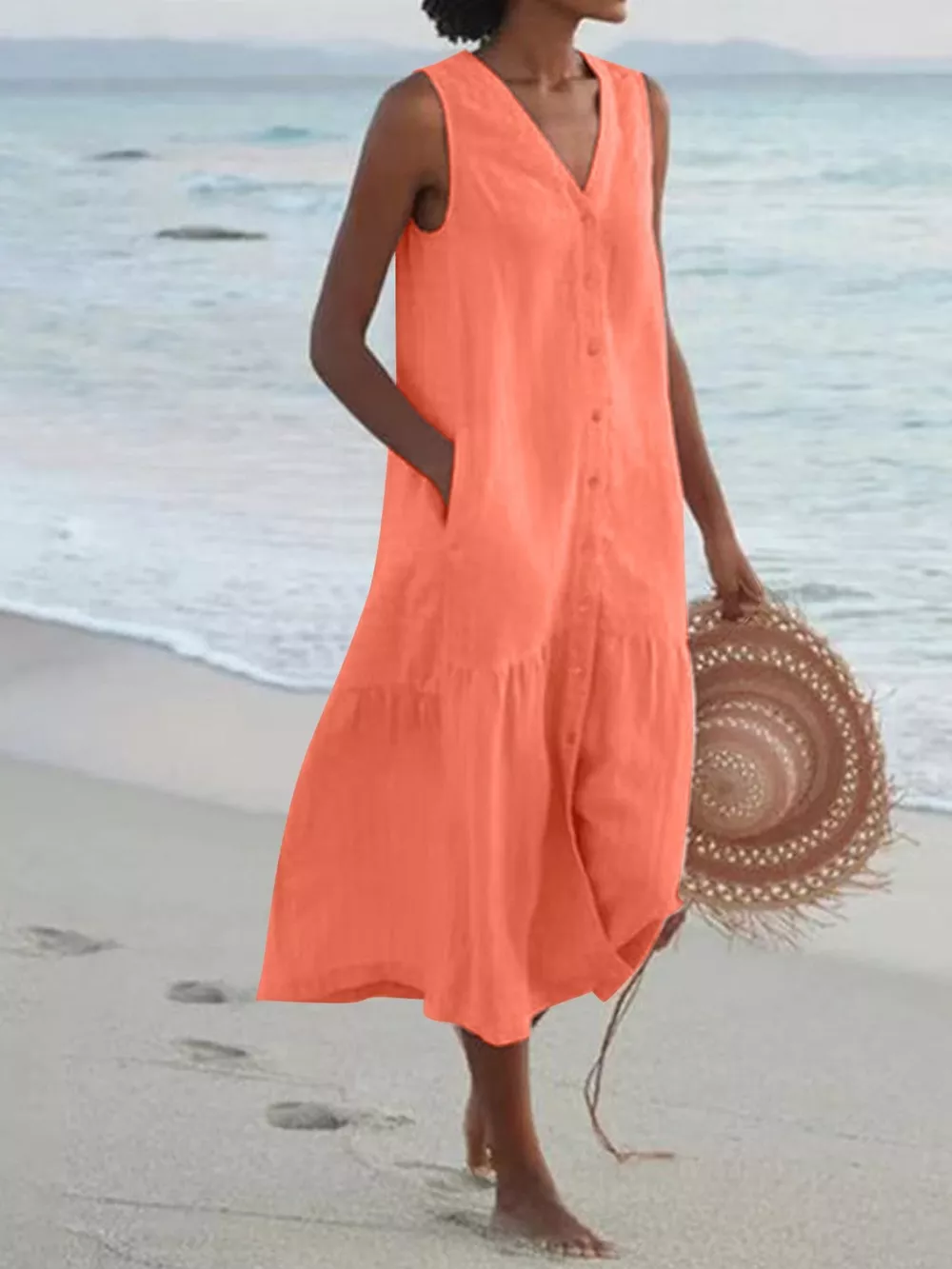 Full Size V-Neck Button Front Sleeveless Midi Dress Plus Size, image 31