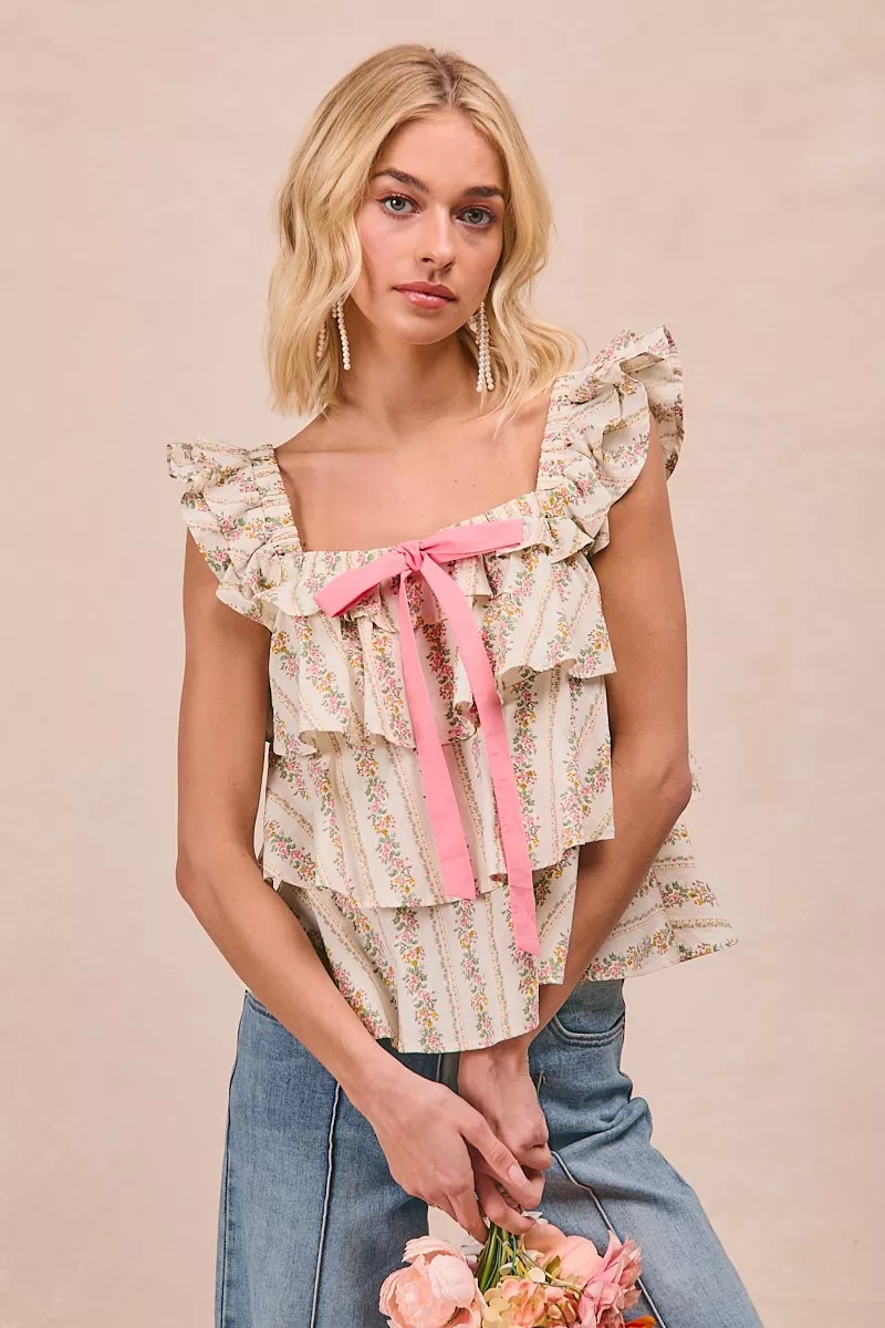 Floral Printed Woven Front Bow Tied Ruffled Square Neck Sleeveless Top, image 5