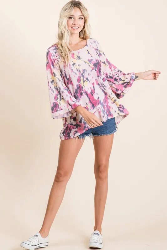 Tie Dye Print Terry A Line Top with Bell Sleeves, image 9