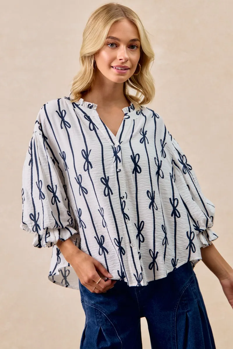 Bow Ribbon Printed Woven Bubble Sleeves Top, image 2