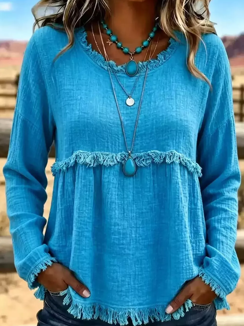Full Size Frayed Hem Textured Blouse Plus Size, image 29