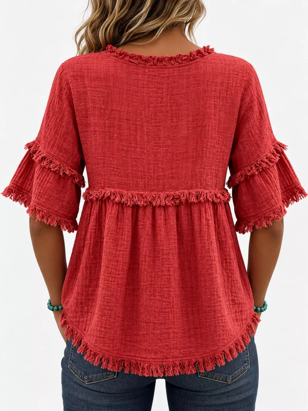 Full Size Frayed Edge Textured Blouse Plus Size, image 24