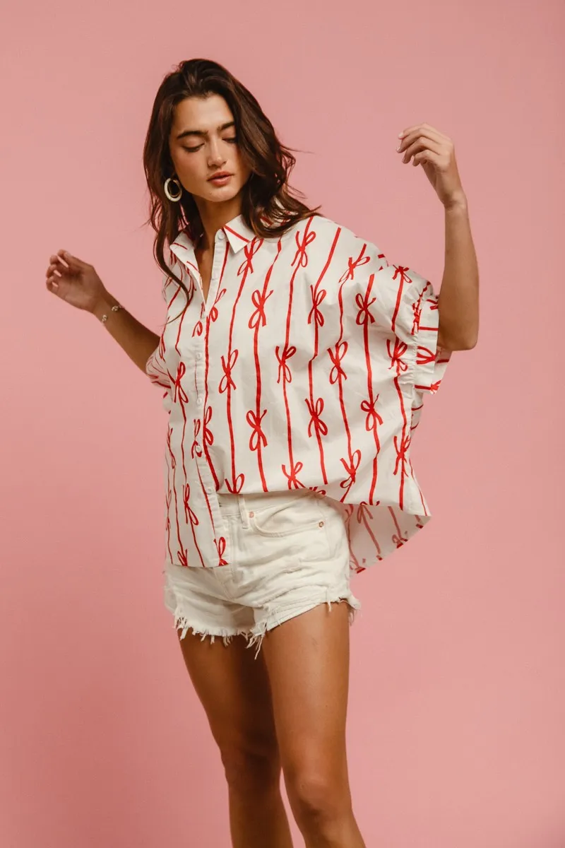 Bow Ribbon Woven Printed Button Down Shirt, image 3