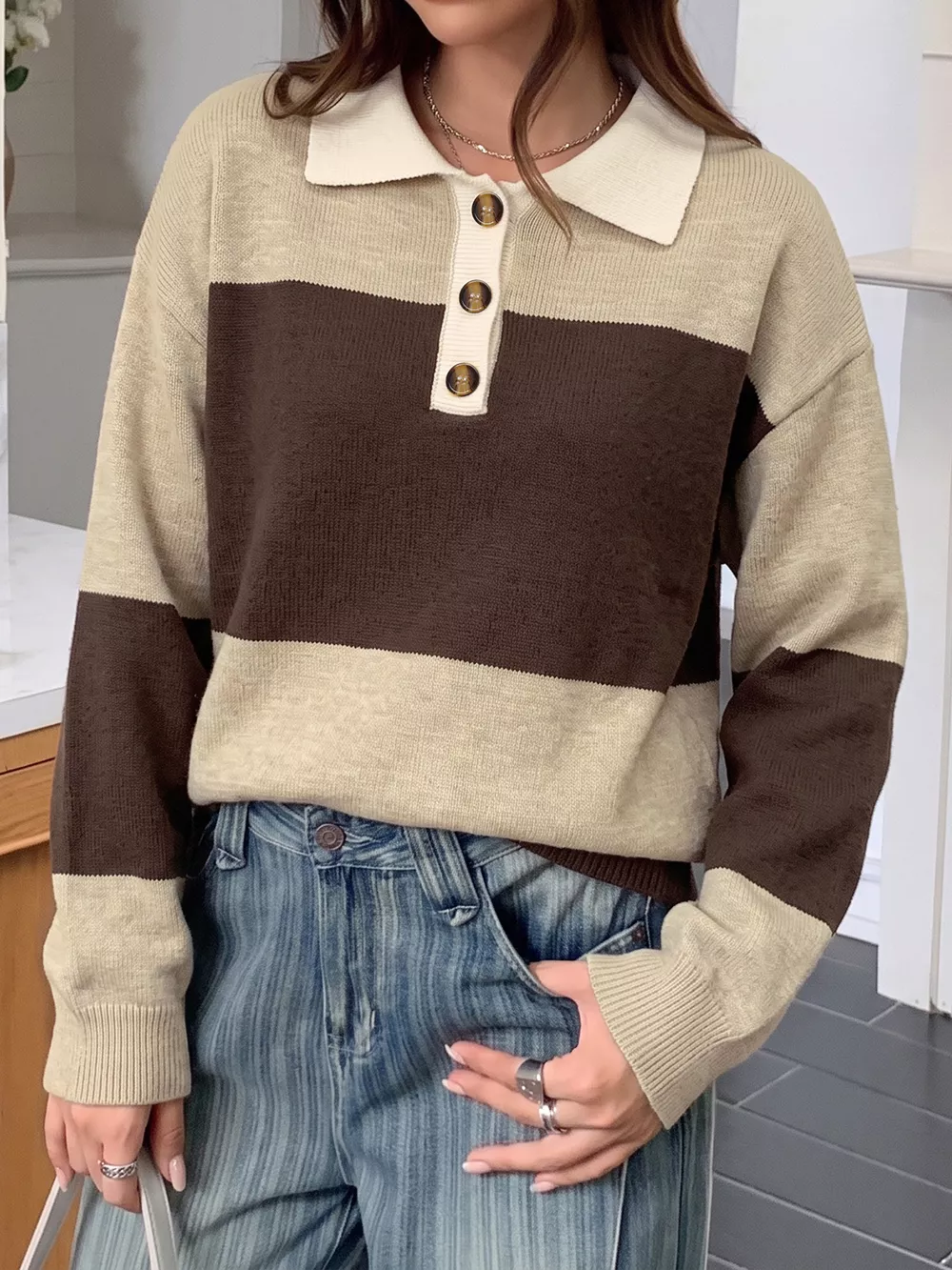 Color Block Polo Collar Sweater, image 4
