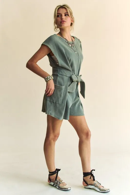 Acid-Washed Waffle Knit Cuffed Sleeves Romper, image 7