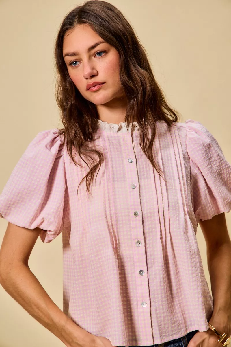 Gingham Lace Trim Button Bubble Sleeves Blouse, image 11