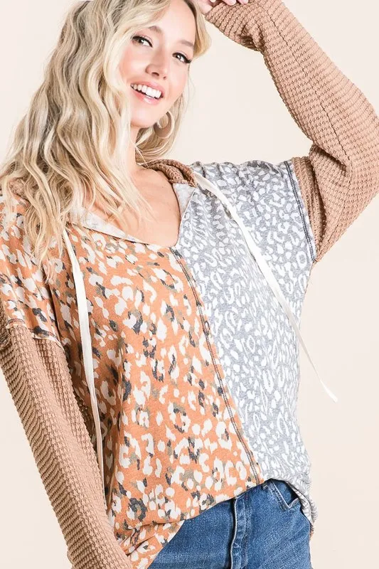 Popcorn Waffle Knit Hoodie with Print Block Front, image 3
