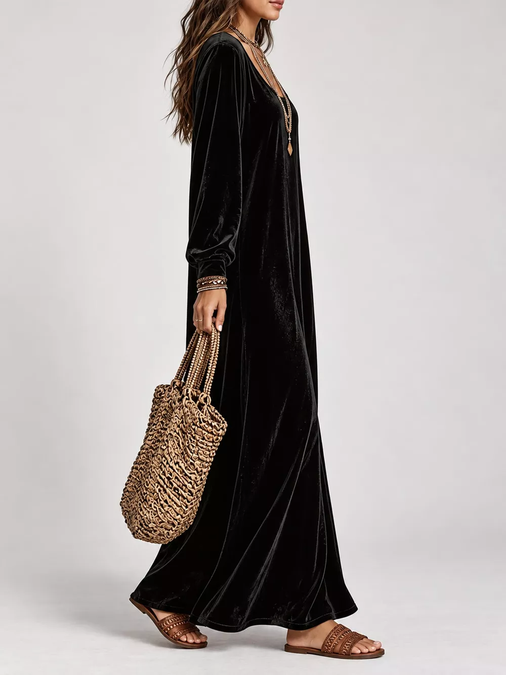 Velvet Long-Sleeve Maxi Dress, image 7