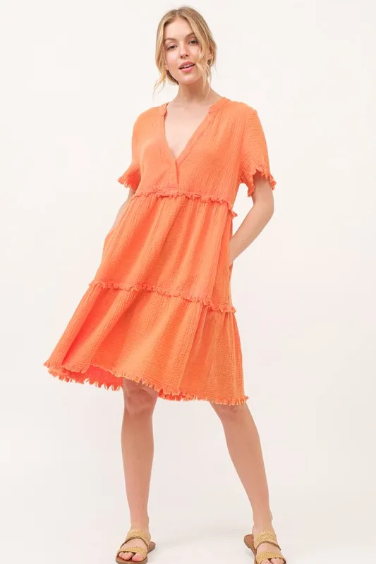 Washed Frayed Detail Tiered Dress, image 4