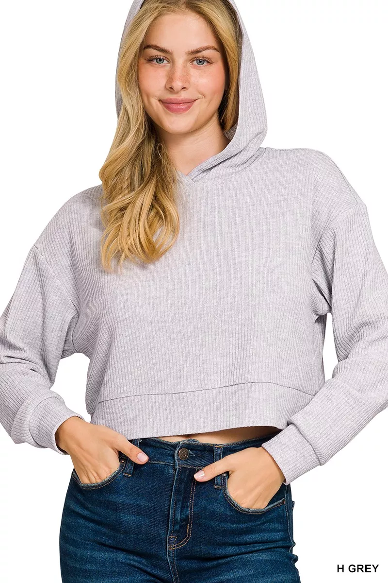 Drop Shoulder Ribbed Crop Hoodie