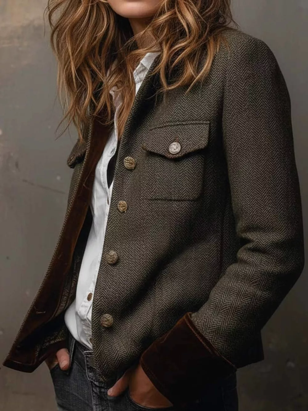 Full Size Vintage Herringbone Tweed Blazer with Velvet Cuffs Plus Size, image 2
