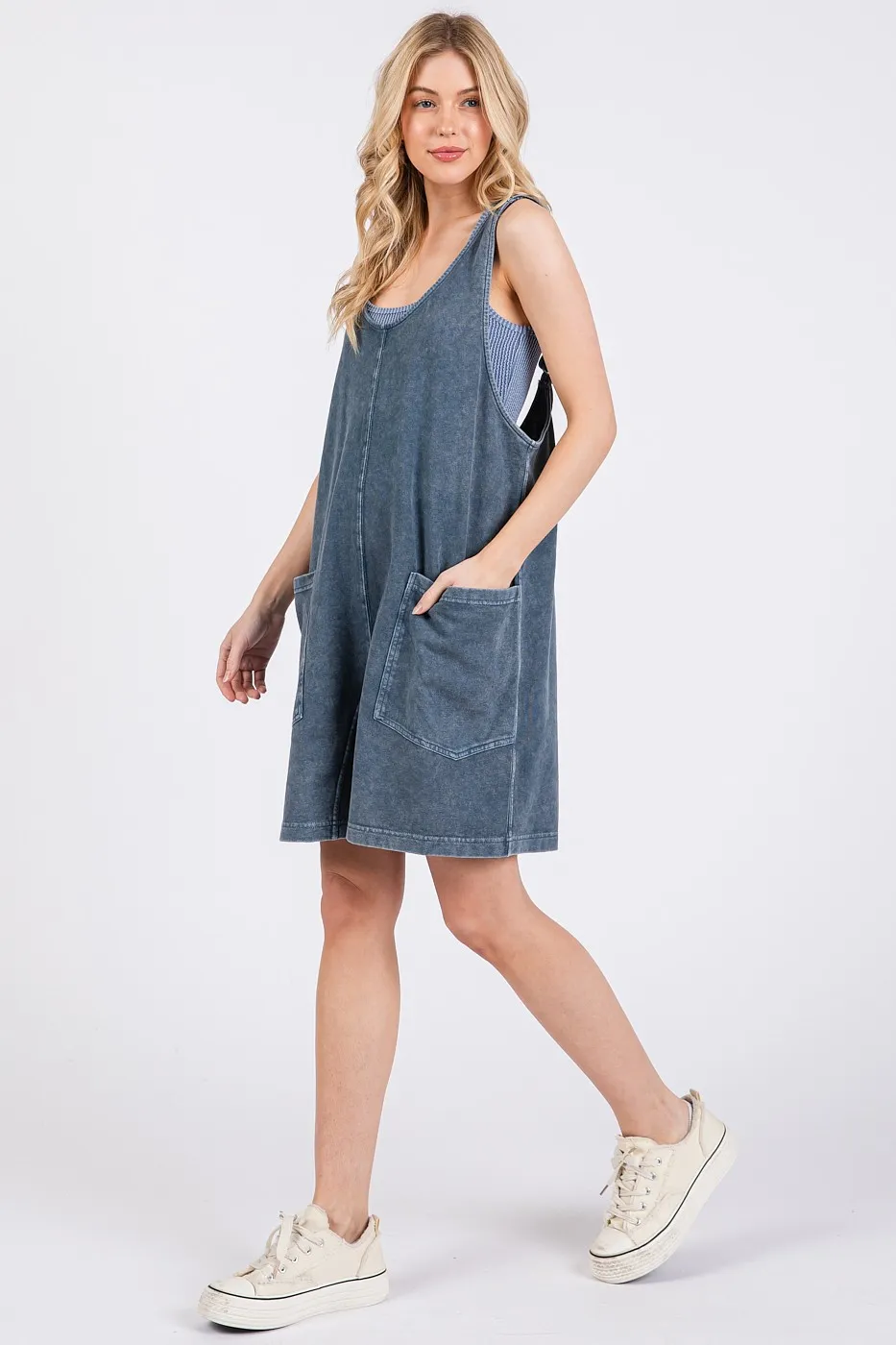 Low Scoop Neck Tank Washed French Terry Romper, image 5