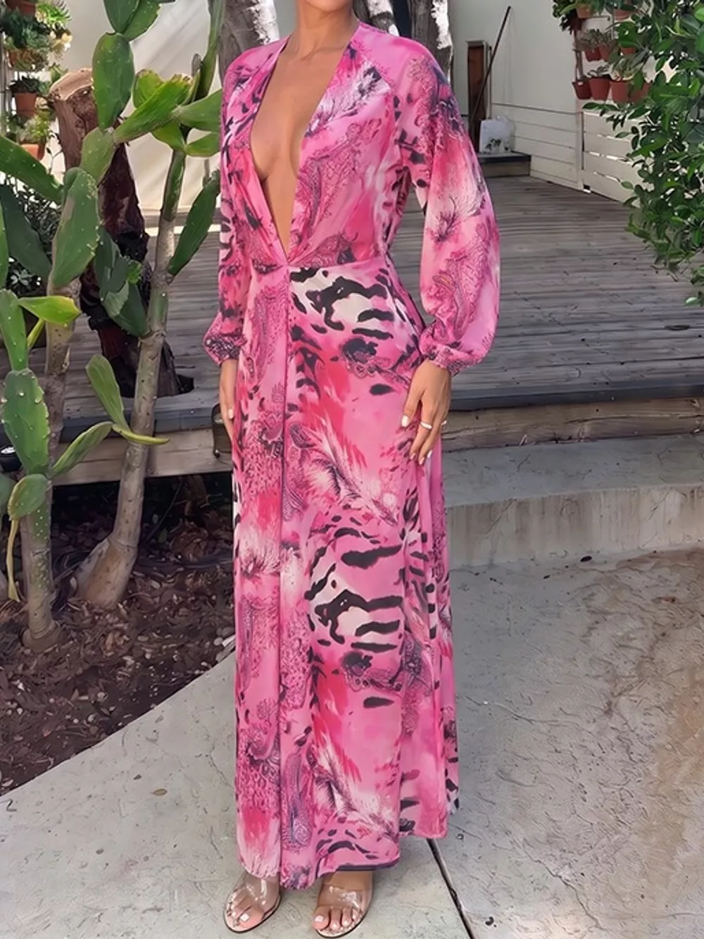 Deep V-Neck Long Sleeve Printed Maxi Dress, image 14
