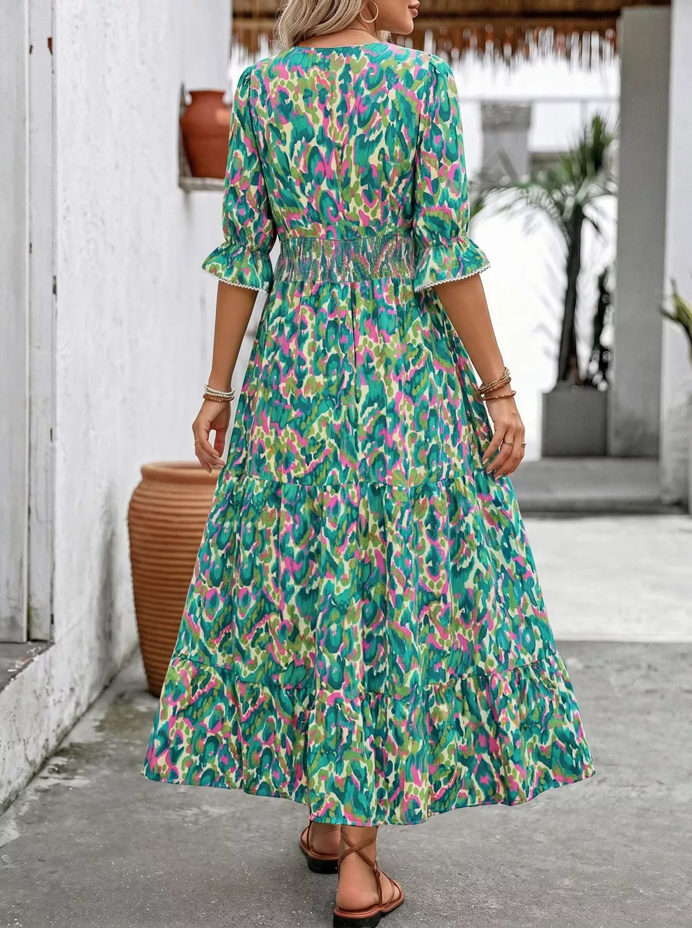 Printed V-Neck Flounce Sleeve Dress, image 6