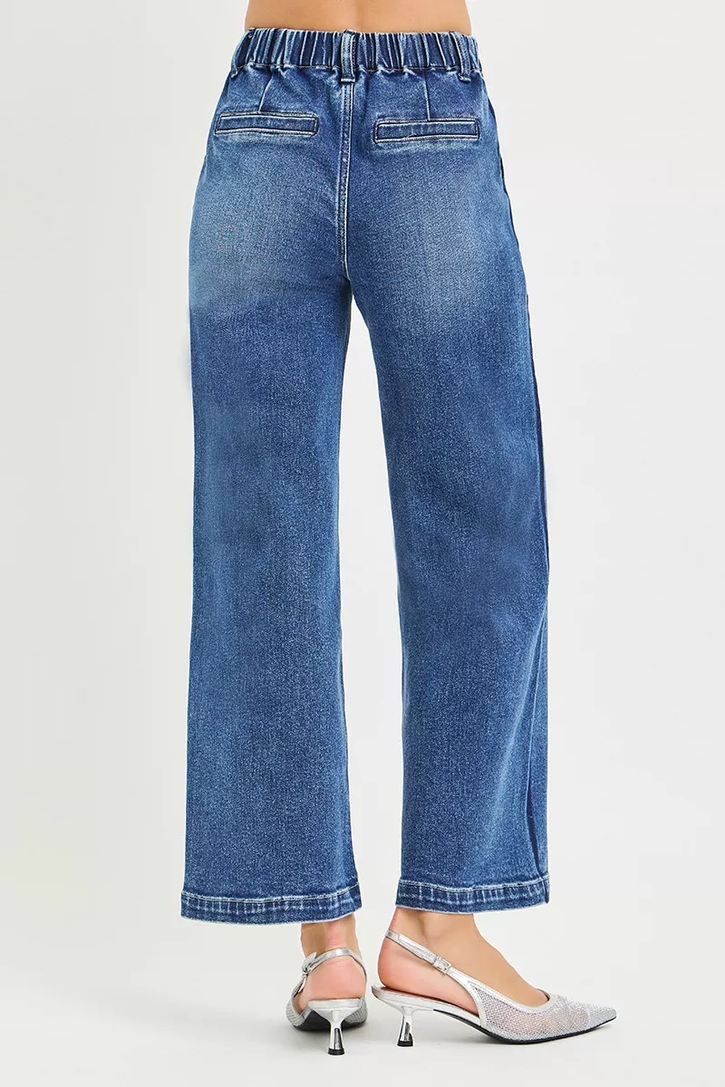 Elastic Band High Rise Cropped Wide Jeans, image 2