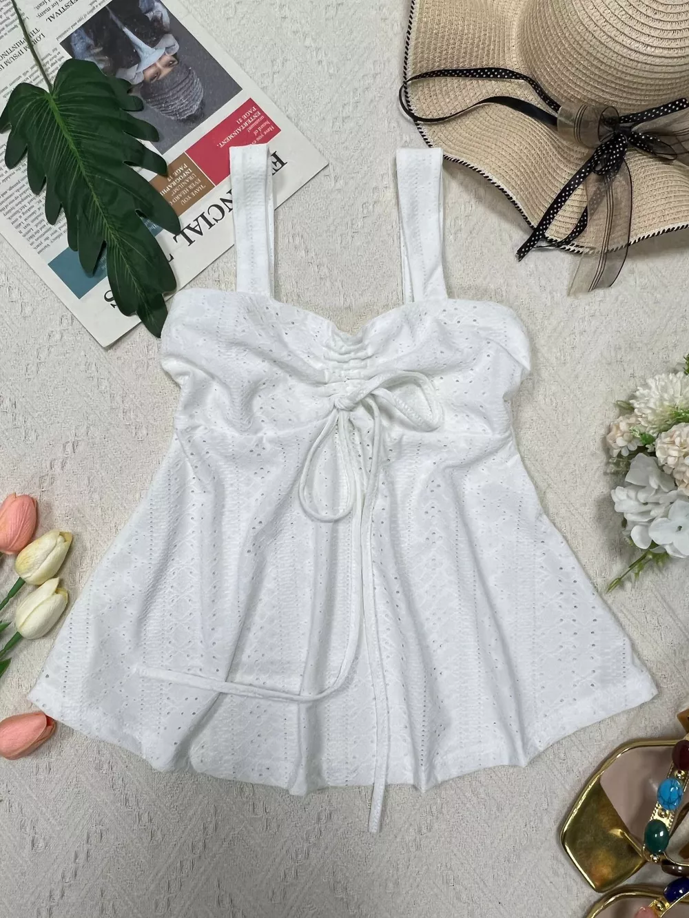 Eyelet Embroidered Drawstring Cami Top, image 8