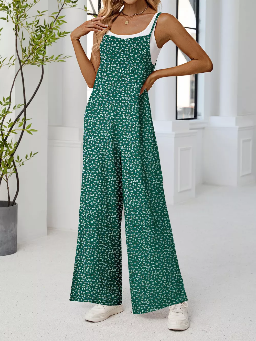 Full Size Floral Print Wide Leg Spaghetti Strap Overalls Plus Size, image 15