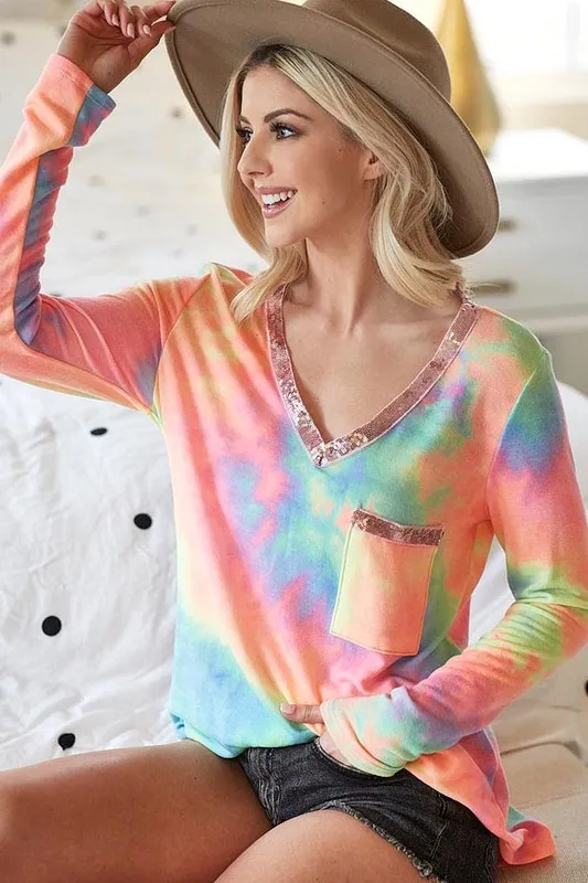 Tie Dye V-neck Terry Knit Top With Sequins, image 5