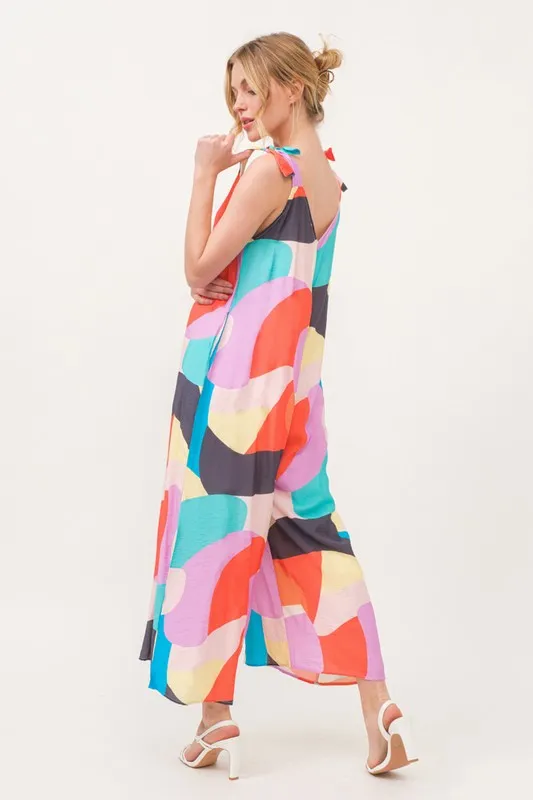 Tied Shoulder Straps Wide-Leg Geo Print Jumpsuit, image 6