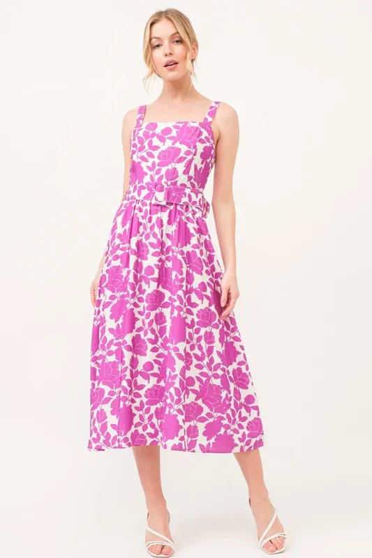 Square Neck Belted Floral Printed Midi Dress, image 6