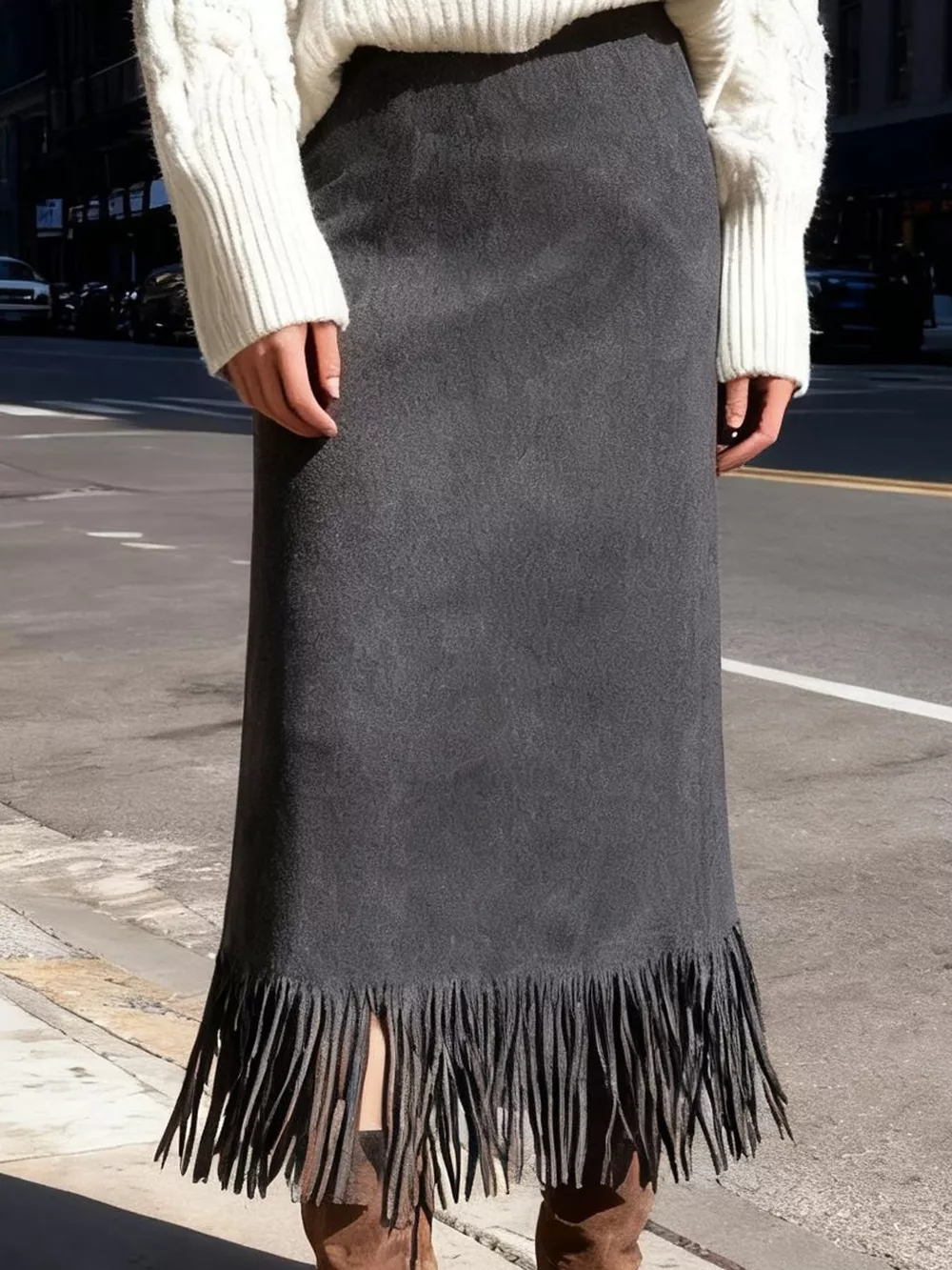 High-Waisted Fringe Midi Skirt, image 15
