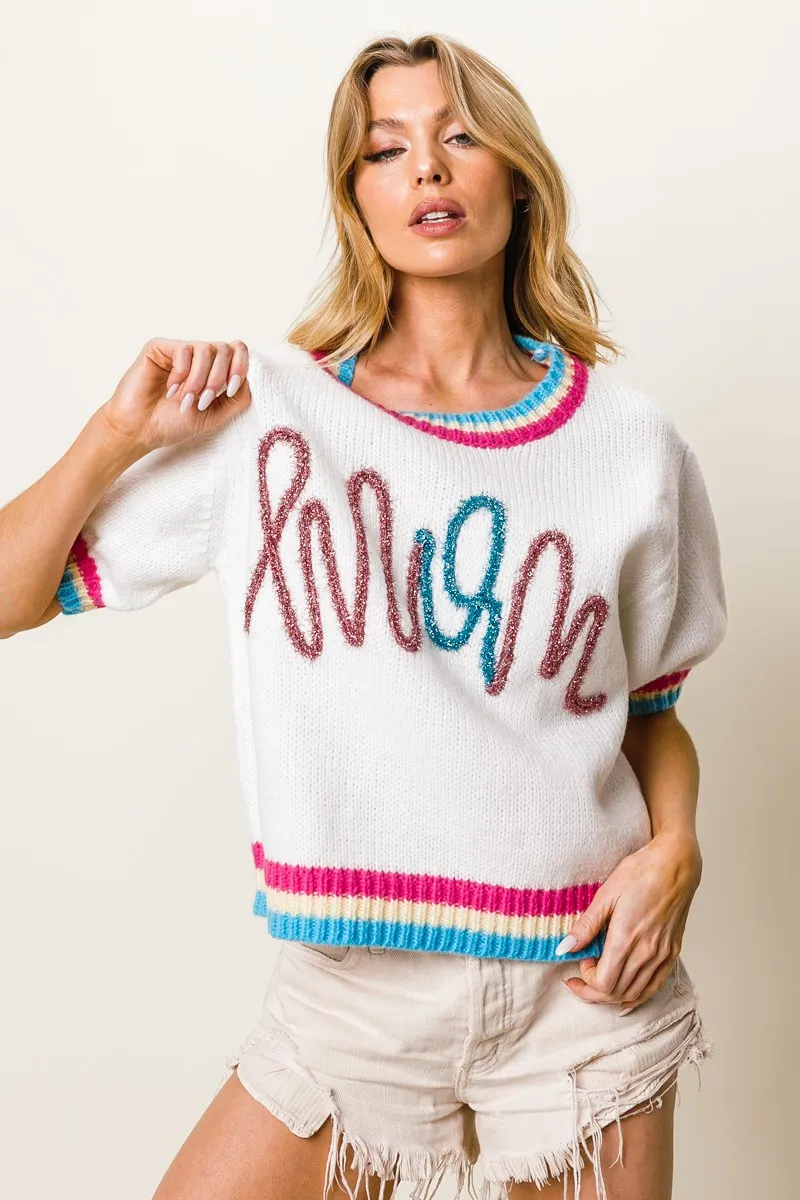 Metallic Letter Short Puff Sleeve Sweater, image 5