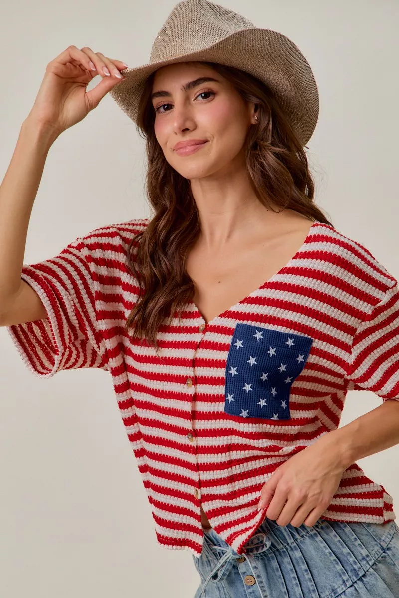 Stripe Waffle Knit Fourth Of July Cardigan Top, image 7