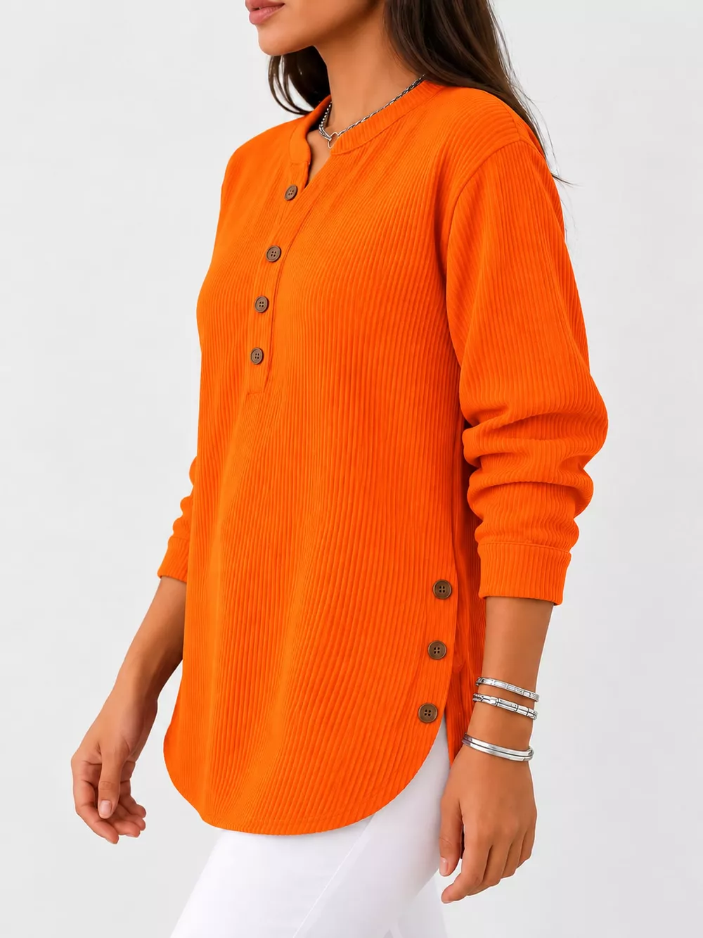 Full Size Button Detail Long Sleeve Top Plus Size, image 49