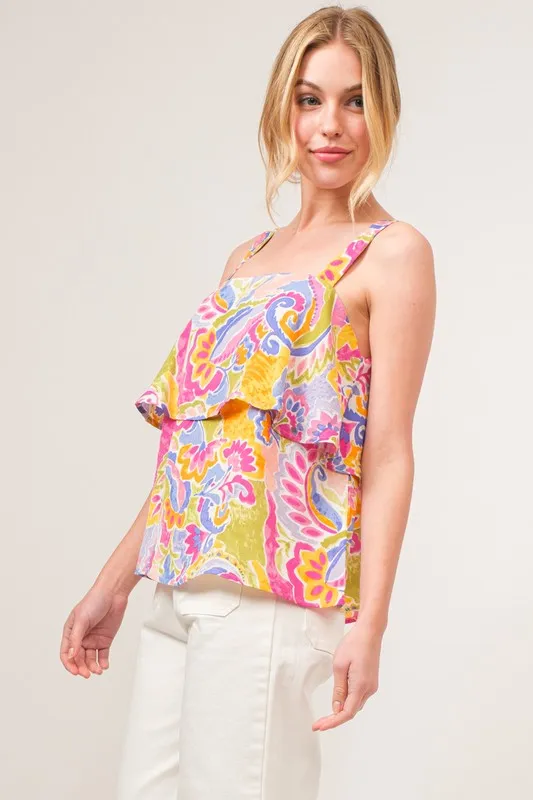 Square Neck Tiered Paisley Printed Top, image 2