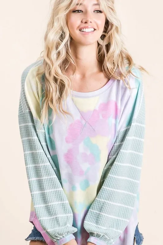Tie Dye Terry Top with Wide Stripe Thermal Waffle, image 3