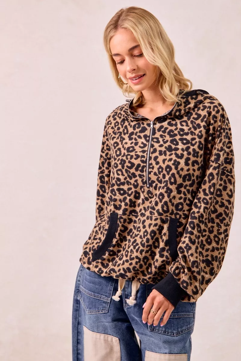 Leopard Print Waffle Half Zip Up Hoodie W Pocket, image 7
