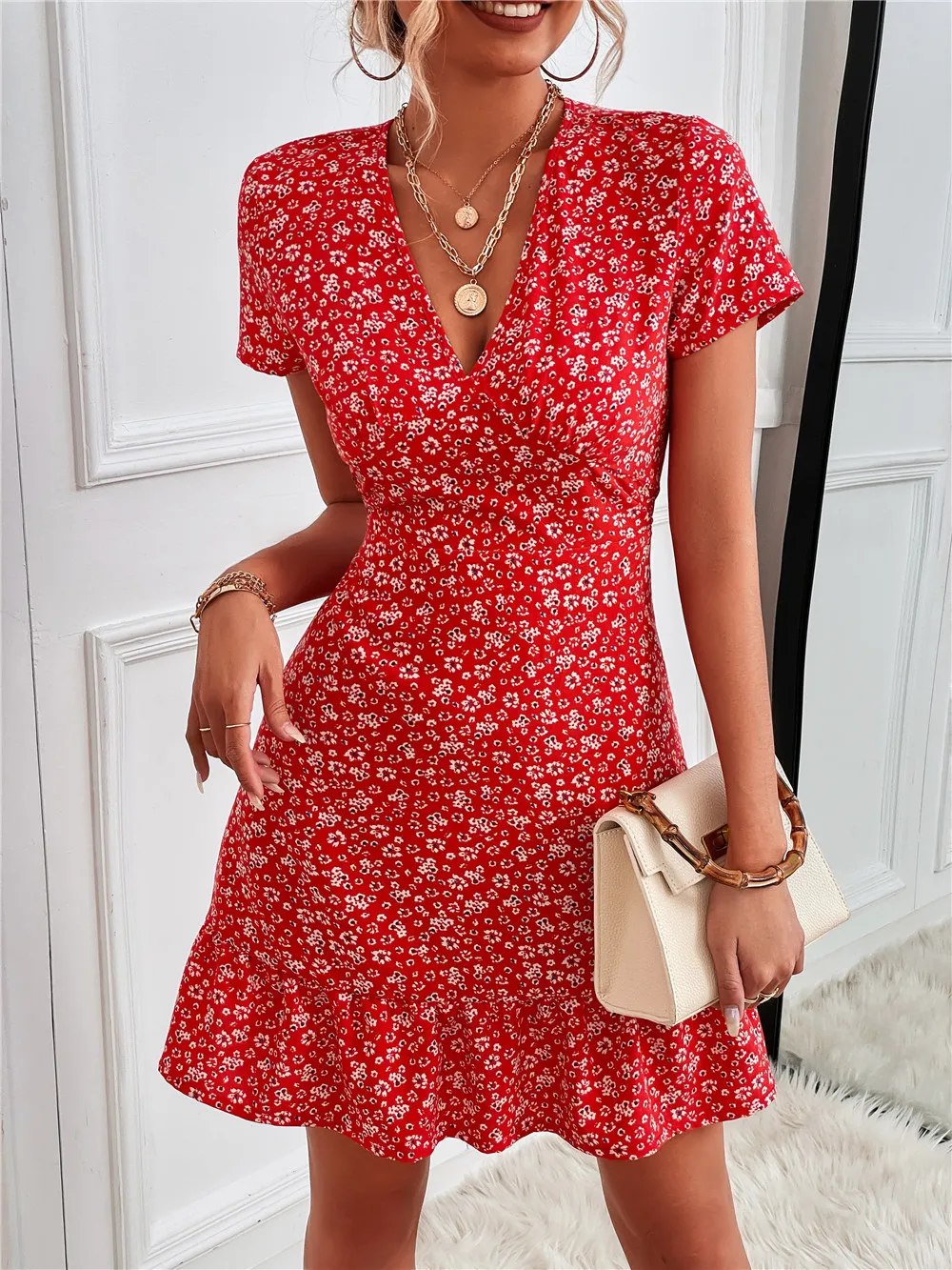 Printed Ruffled Hem V-Neck Short Sleeve Mini Dress, image 18