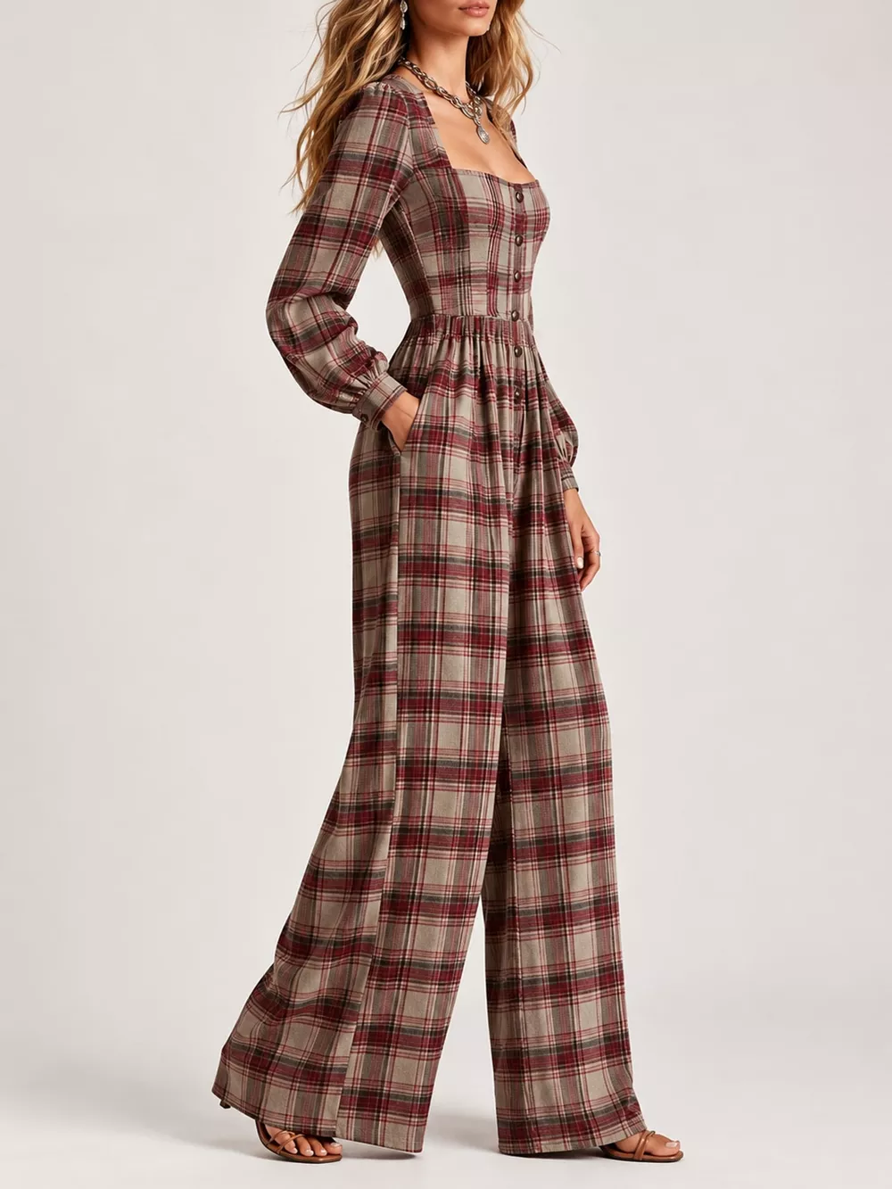 Plaid Square Neck Long Sleeve Wide-Leg Jumpsuit, image 2