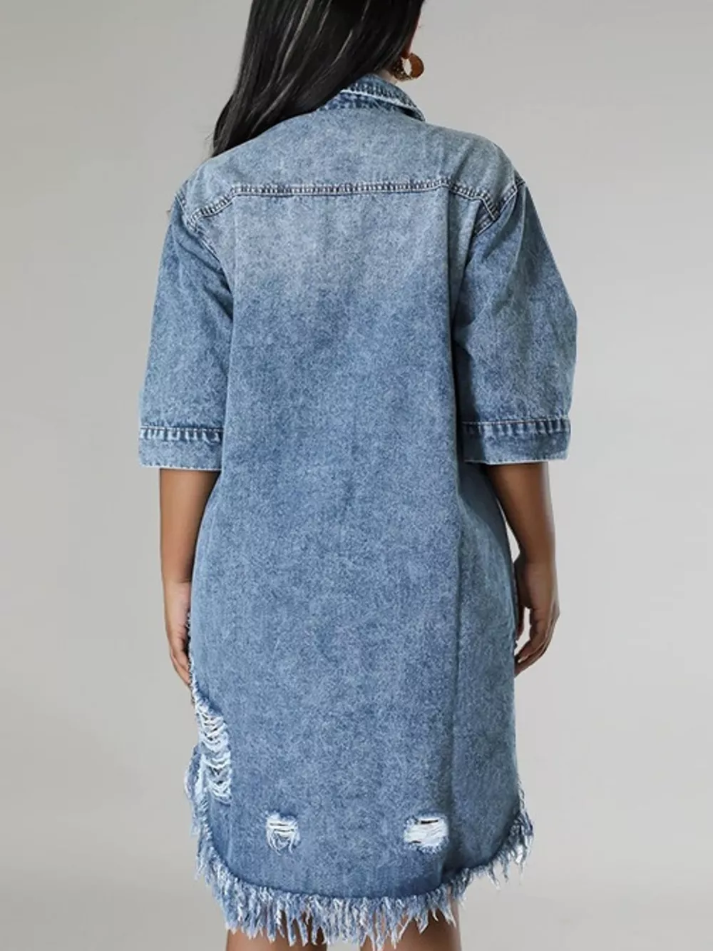 Plus Size Distressed Frayed Hem Button-Down Denim Dress, image 14