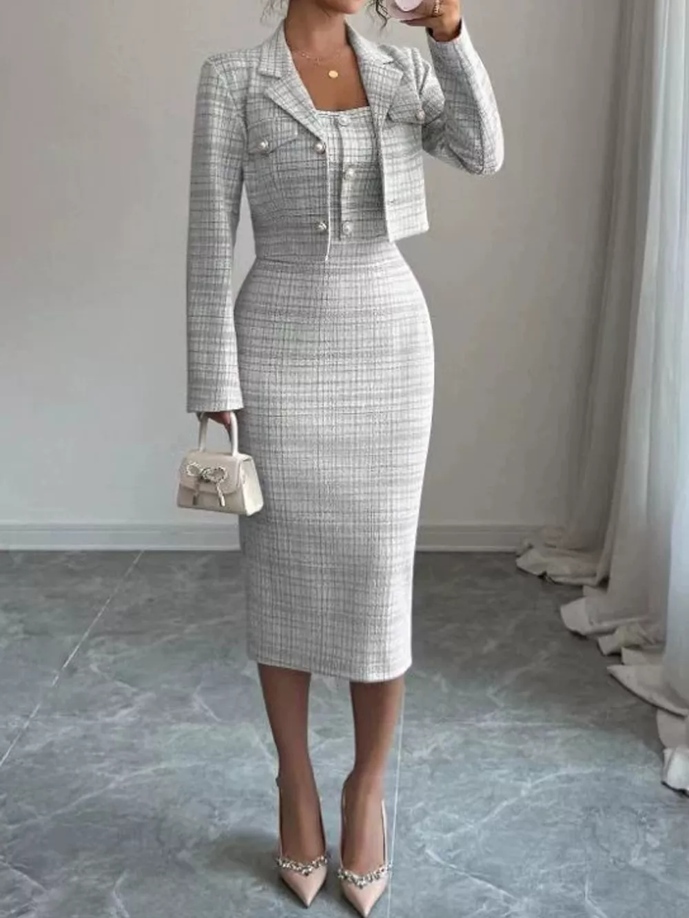 Tweed Square Neck Dress and Cardigan Set, image 6